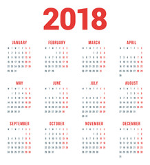Calendar for 2018 Year on White Background. Week Starts Monday. 4 columns, 3 rows. Simple Vector Template. Stationery Design Template