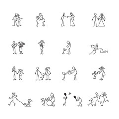 Cartoon icons set of sketch little people in cute miniature scenes.