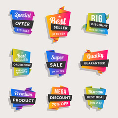 Set of sale banners. Shopping tags. Discount and promotional colorful origami stickers. Vector illustration.
