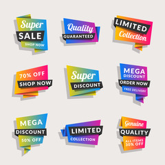 Set of sale banners. Shopping tags. Discount and promotional colorful origami stickers. Vector illustration.