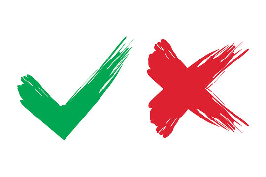 Tick and cross brush signs. Green checkmark OK and red X icons, isolated on white background