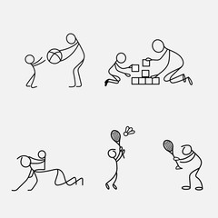 Cartoon icon sport of sketch little people in cute miniature scenes.