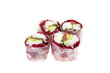 Set of Spring rolls with salmon, radichio, avocado, cucumber