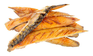 Hot smoked mackerel fish strips isolated on a white background