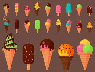 Sweet cartoon cold ice cream set and tasty frozen icecream collection vector delicious colorful desserts