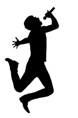 silhouette of a man jumping with a microphone