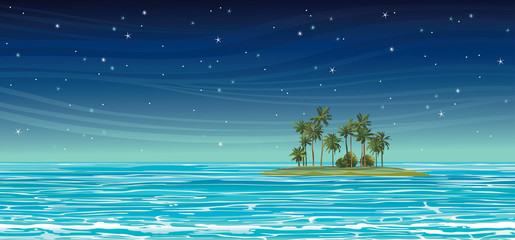 Coconat island in the sea at night. Vector seascape. - 151451490