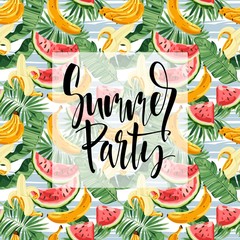 Summer party pster with palm leaf and lettering. Vector illustration EPS10