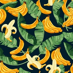 Seamless pattern with tropical palm leaves and bananas. Vector illustration.