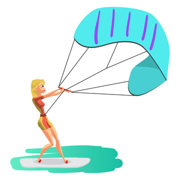 Woman drive at kite surfing. Girl windsurfing on water surface w