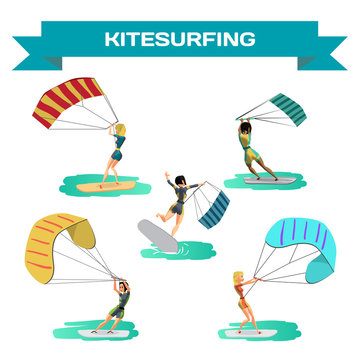 Set of women drive at kite surfing. Girls windsurfing on water s