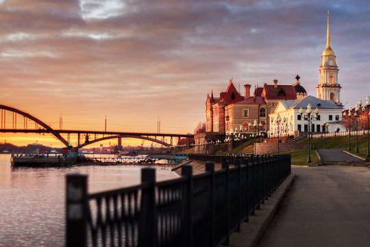Russia, the city of Rybinsk. Embankment of the Volga River at sunset.