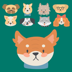 Funny cartoon dog character heads bread cartoon puppy friendly adorable canine vector illustration.