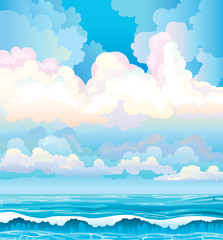 Fototapeta na wymiar Clouds on a blue sky and sea with waves
