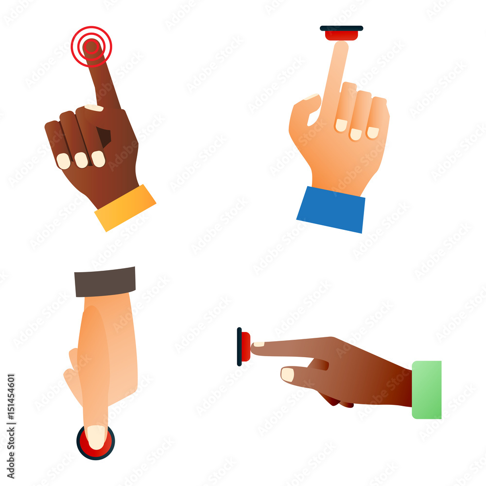 Aufkleber hand press red button finger press control push pointer gesture human body part vector illustration.