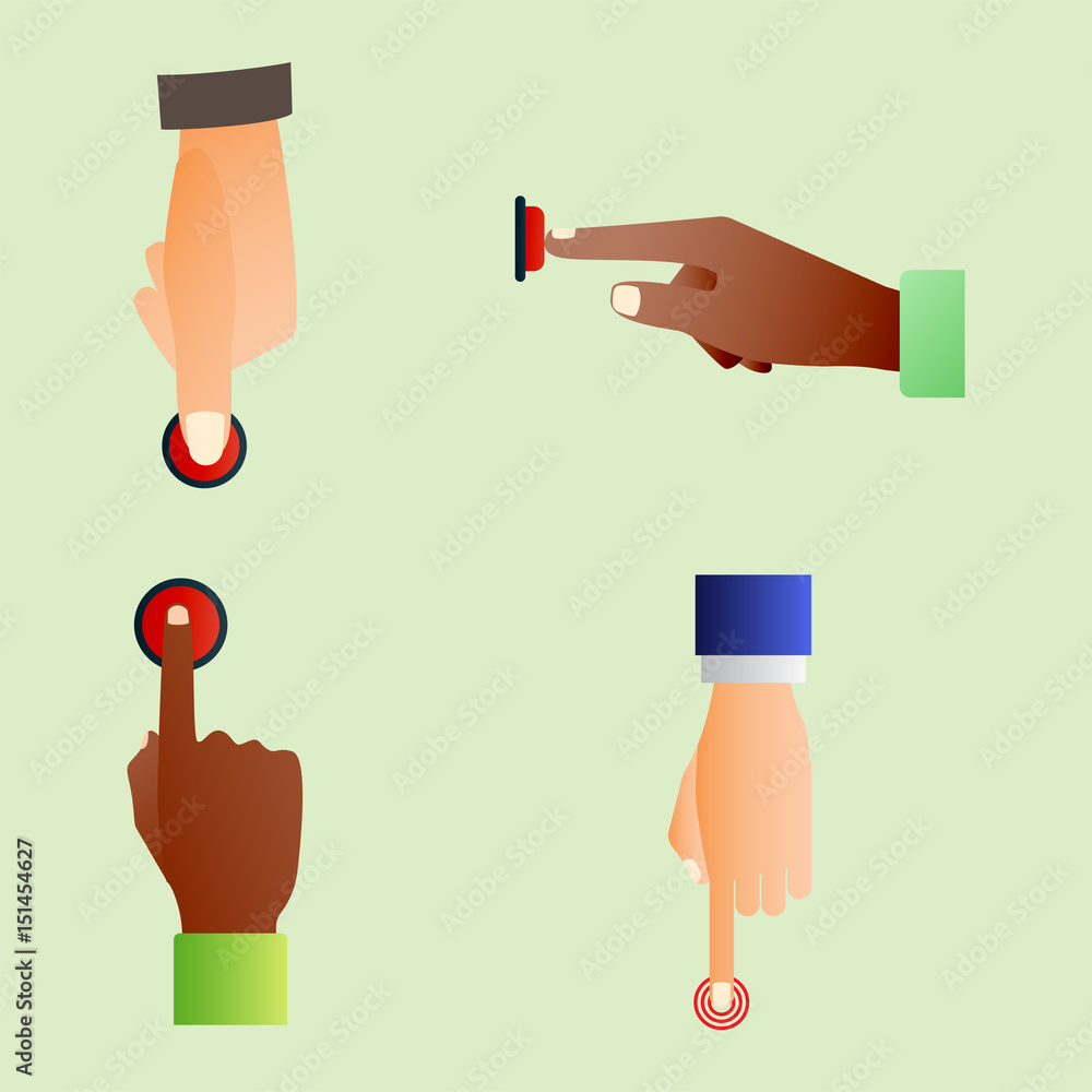 Aufkleber hand press red button finger press control push pointer gesture human body part vector illustration.