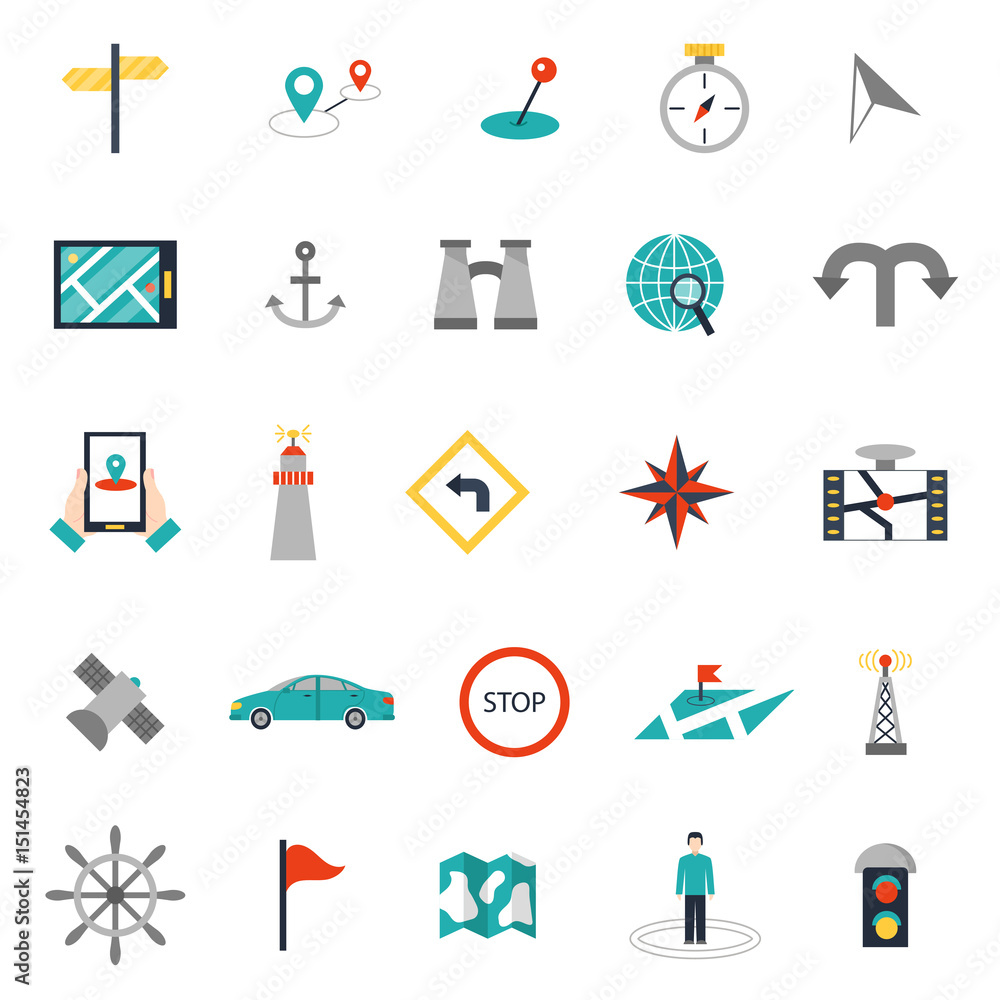 Poster navigation flat style location pin pictogram direction and search design web icons sign vector illus