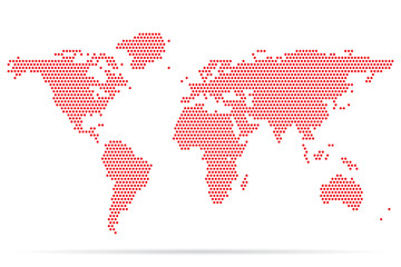 Red pixel world map with shadow on a white background