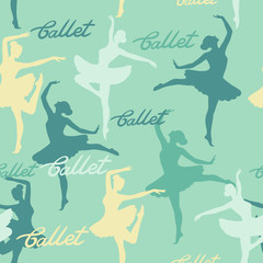 Seamless vector pattern from silhouettes of dancing ballerinas. Lettering ballet. © sebos