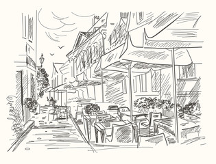 Hand drawn street cafe in old town. Vintage vector illustration
