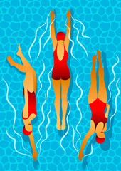 Swimmers women in the pool. Effect of caustic water. Illustration in art deco style.