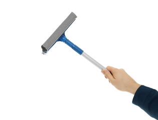 Hand of male window cleaner with mop on white background