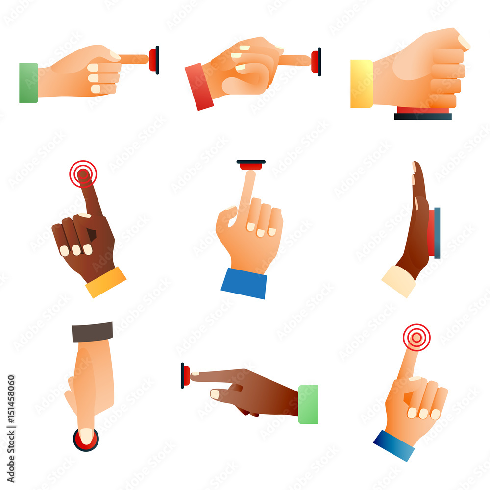 Aufkleber hand press red button finger press control push pointer gesture human body part vector illustration.
