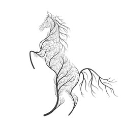 Concept horse jumping stylized bush for use  on cards, in printing, posters, invitations, web design and other purposes.