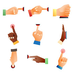 Hand press red button finger press control push pointer gesture human body part vector illustration.