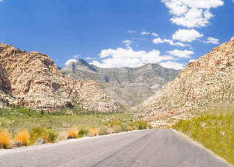 Road heading into canon between surroung hills in desert of Red Rock Canyon, Nevada.