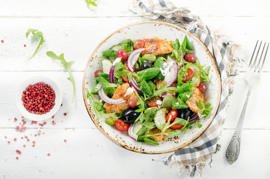 Fresh Salad With Chicken Breast And Vegetables. Healthy Eating Concept.