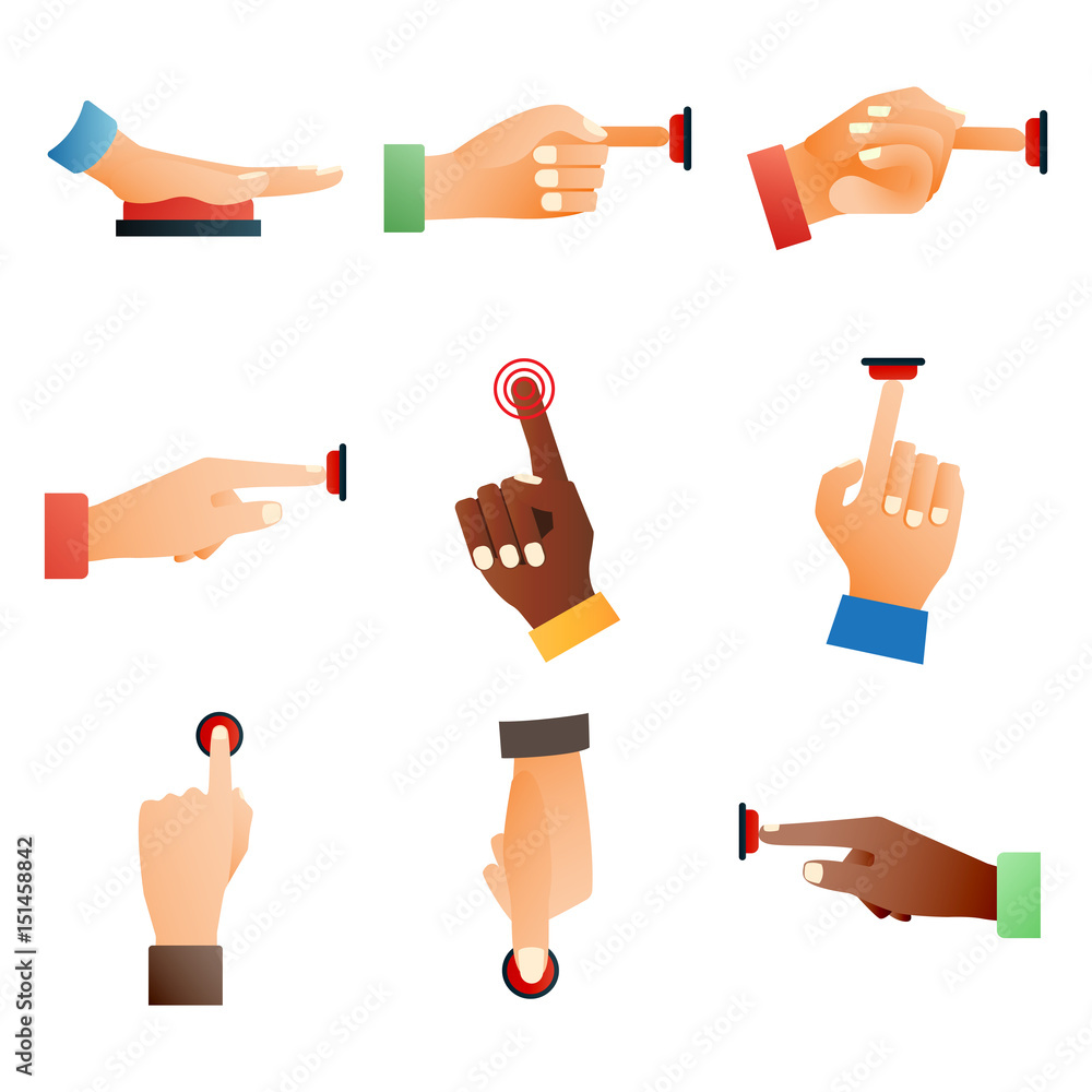 Aufkleber hand press red button finger press control push pointer gesture human body part vector illustration.
