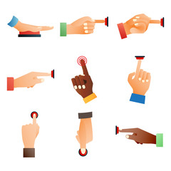 Hand press red button finger press control push pointer gesture human body part vector illustration.