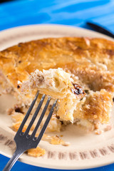 Slice of burek on the fork with blurred background