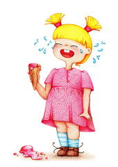 hands drawn picture of little girl in pink dress cries over ice cream by the color pencils