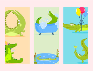 Cartoon green crocodile funny predator australian wildlife river reptile alligator flat vector illustration.