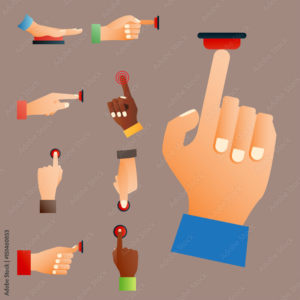 Aufkleber hand press red button finger press control push pointer gesture human body part vector illustration.
