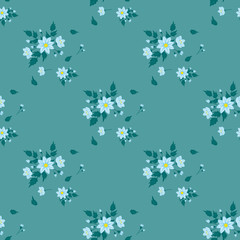 Drawing in a small blue flower with leaves on a dark background .Colored seamless background for textile, fabric, cotton fabric, cover, wallpaper, stamp, gift wrapping and scrapbooking.