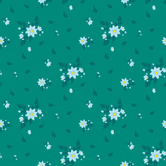 A drawing in a small blue flower with green leaves on a dark background. Colorful seamless background for textiles, fabric, cotton fabric, covers, wallpapers, print, gift wrapping and scrapbooking.