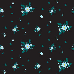 A drawing in a small blue flower with green leaves on a black background. Colorful seamless background for textiles, fabric, cotton fabric, covers, wallpapers, print, gift wrapping and scrapbooking.