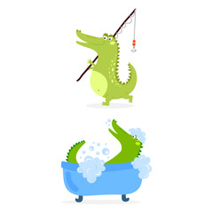 Cartoon green crocodile funny predator australian wildlife river reptile alligator flat vector illustration.