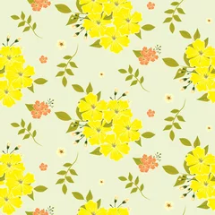 Foto op Aluminium A drawing in a small yellow flower with green leaves on a light background. Colorful seamless background for textiles, fabric, cotton fabric, covers, wallpapers, print, gift wrapping and scrapbooking. © анютка фролова