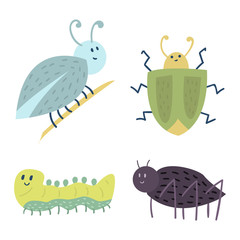 Colorful insects icons isolated wildlife wing detail summer caterpillar bugs wild vector illustration.