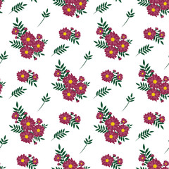 A drawing in a small pink flower with green leaves. Colorful seamless background for textile, fabric, cotton fabric, cover, wallpaper, printing, gift wrapping and scrapbooking.