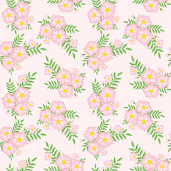 A drawing in a small pink flower with green leaves on a pink background. Colorful seamless background for textiles, fabric, cotton fabric, covers, wallpapers, print, gift wrapping and scrapbooking.