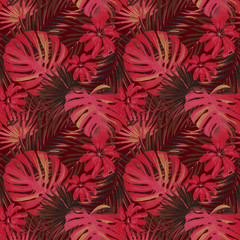 vector seamless beautiful artistic bright tropical pattern with monstera leaf, frond, split leaf, philodendron, summer beach fun, colorful original stylish floral background print, fantastic forest © leezarius