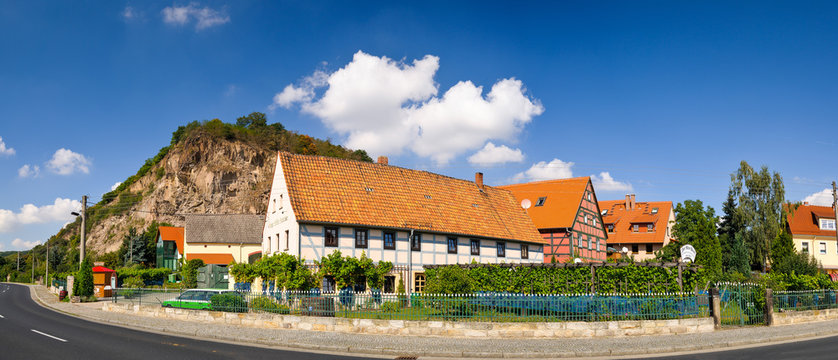 Weingut "Steffen Schabehorn" mit dem Berg "Bosel" im Hintergrund, Coswig, S&ouml;rnewitz, Sachsen, Deutschland, Europa
