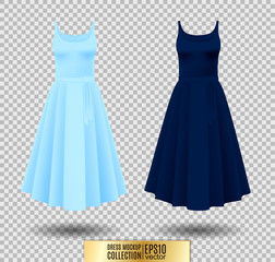 Women's dress mockup collection. Dress with long pleated skirt. Realistic vector illustration. Fully editable handmade mesh. Festive dress without sleeves. Light, bright and dark blue variation.