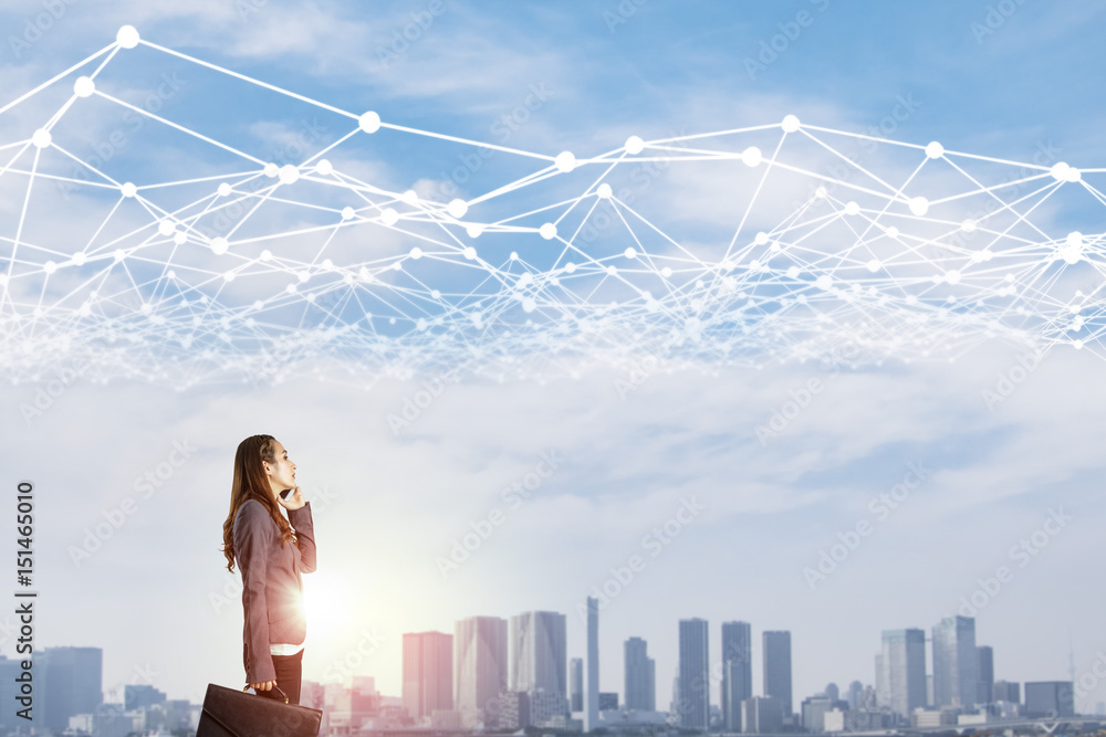 Aufkleber young business woman and mesh communication network concept. internet of things. information communi
