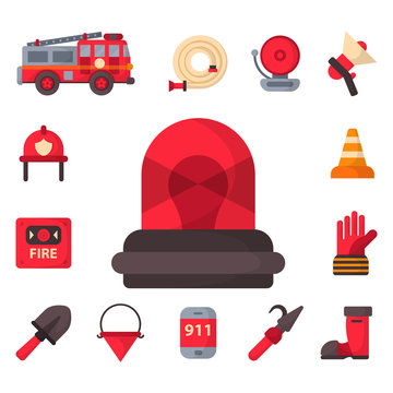 Fire safety equipment emergency tools firefighter safe danger accident protection vector illustration.